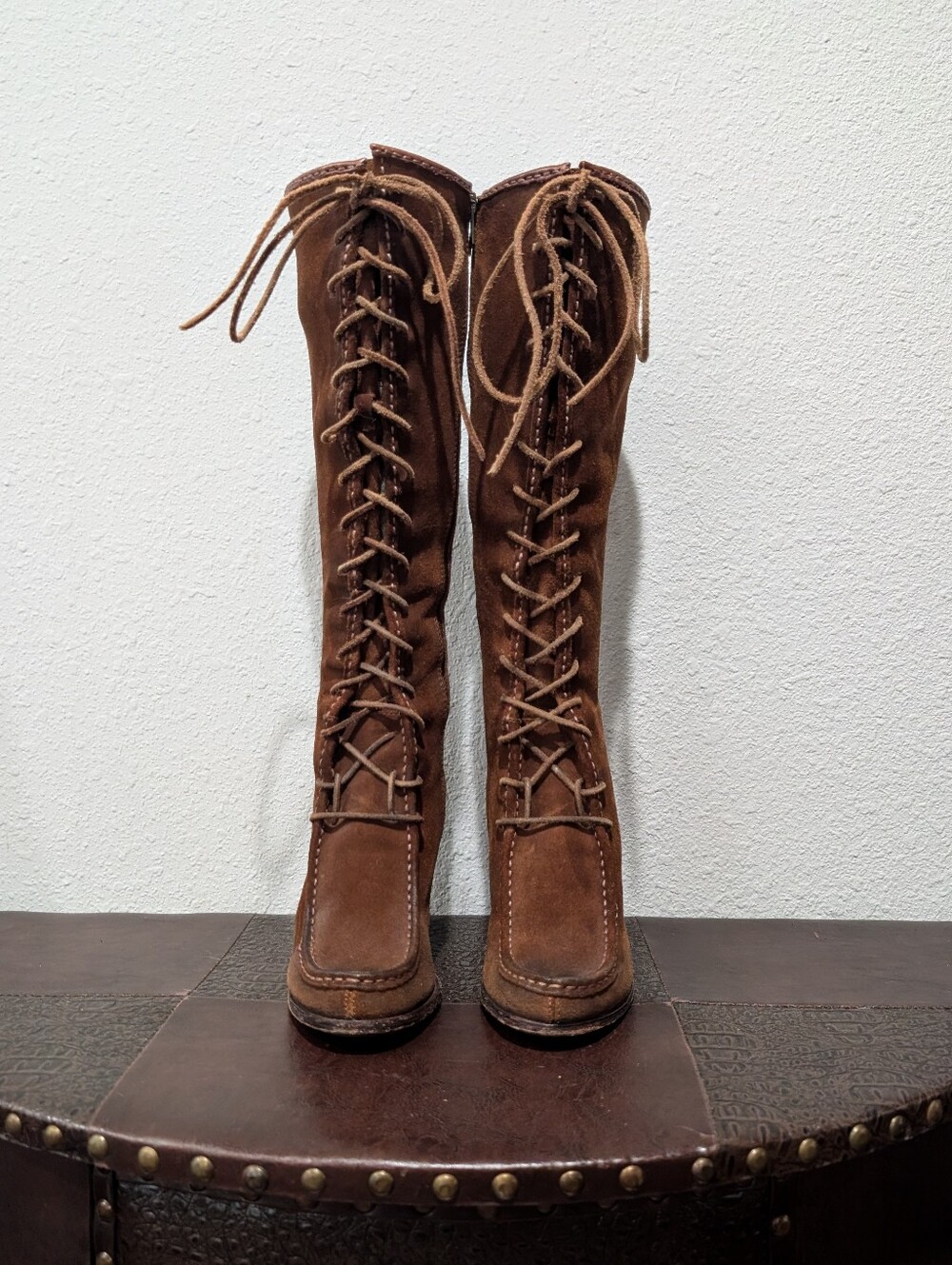 FRYE Parker Moccasin Lace Up Tall Knee High Zip Brown Suede Leather Boots - Picture 11 of 16